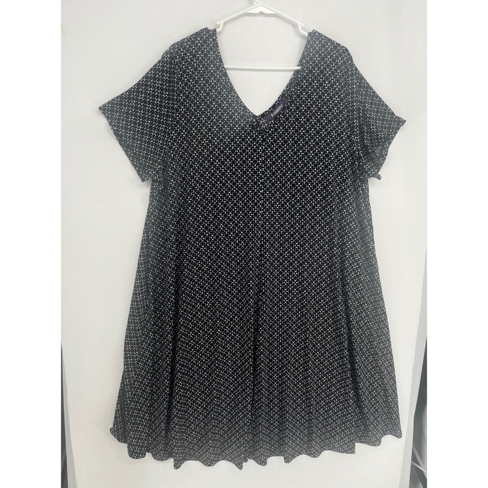 Roamans Womens 1X Dress Black White Geometric Short Sleeve V-Neck A-Line 22/24